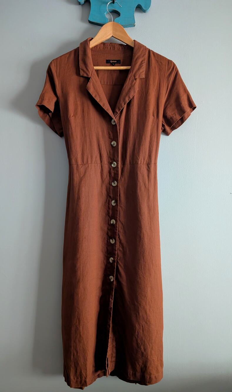 Quince 100% Linen Button Front Dress S Terracotta Rust Midi Pocket Notch Collar